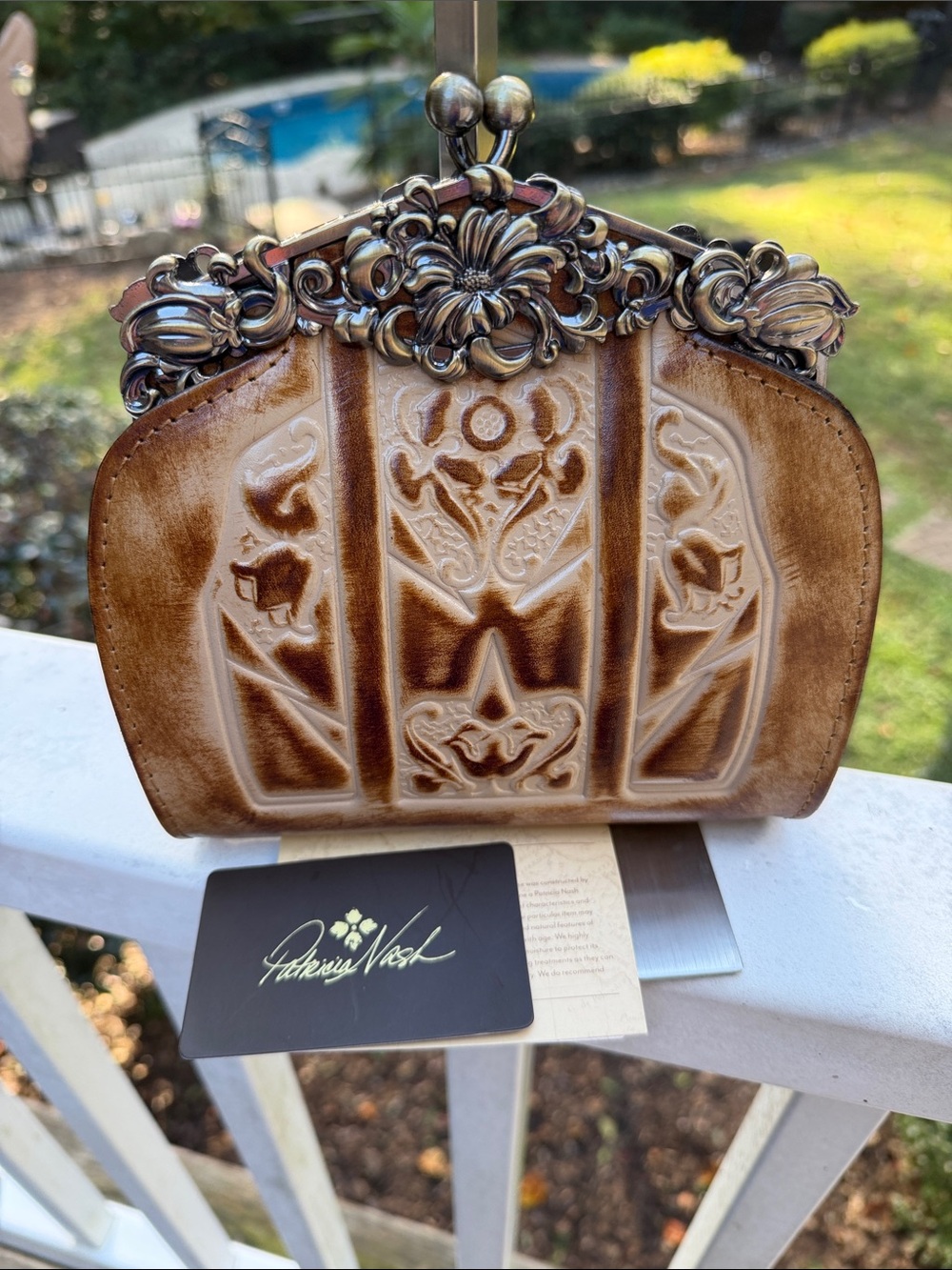 Patricia Nash Sand and Tan Embossed Leather Shoulder Bag with Ornate Metal Frame - Picture 3 of 17